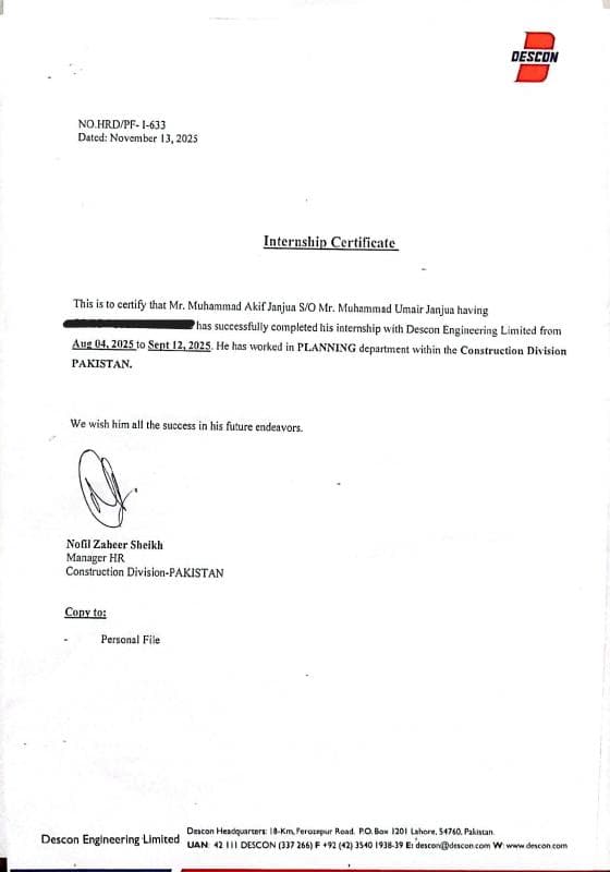 Descon Internship Certificate